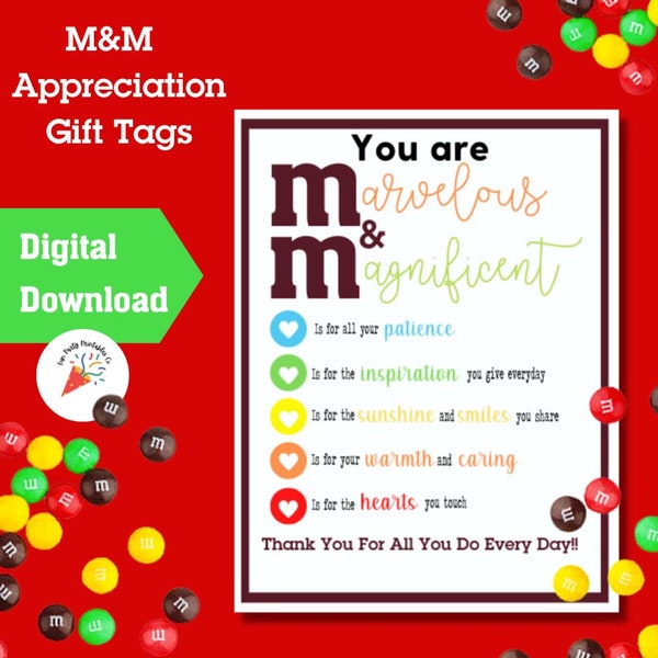 M&M Appreciation Gift Tags, Employee Appreciation Tag, Thank You Gift, Printable Tag, Teacher Appreciation, Staff Appreciation, Nurses Week