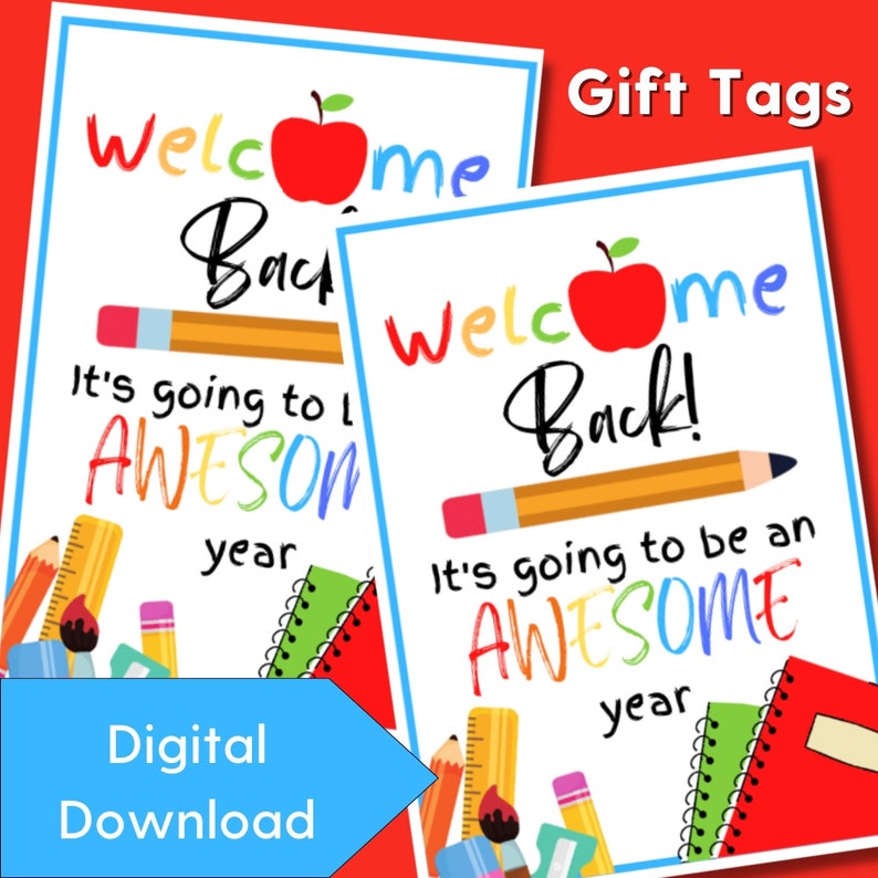 Pode incluir: Dois cart&otilde;es de presente imprim&iacute;veis com um tema de boas-vindas de volta &agrave; escola. Os cart&otilde;es apresentam uma ma&ccedil;&atilde; vermelha, um l&aacute;pis e um caderno com o texto "Bem-vindo de volta! Vai ser um ano incr&iacute;vel!"