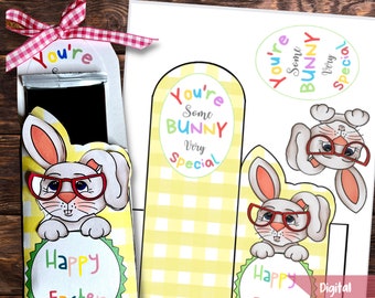 May include: Printable Easter candy bar pocket with a bunny wearing glasses and the text "You're Some Bunny Very Special" and "Happy Easter".