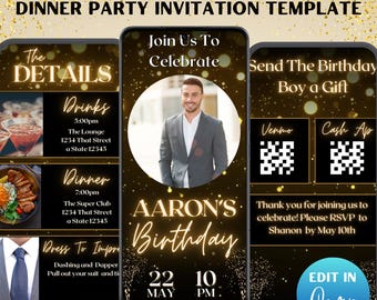 Animated Men's Birthday Dinner Invitation: Elegant Video Invite (DIY Canva Template)