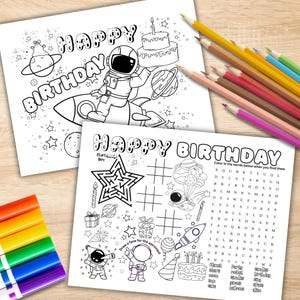 May include: A black and white printable coloring page featuring an astronaut holding a birthday cake with a candle on top. The page also includes a word search puzzle with the words "Happy Birthday" and a maze. The words "Happy Birthday" are written in a fun, bubble-like font.
