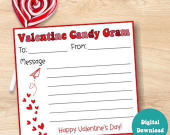 Afdrukbaar Valentijnsdag Candy Gram: kaartjes voor schoolinzameling (digitale download)