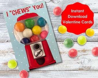Valentijnskaarten voor kinderen: I Chews You Gumball Machine (afdrukbaar pdf-bestand)