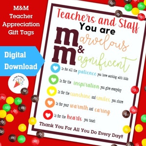 M&M Teacher Appreciation Gift Tags, Employee Appreciation Tag, Thank You Gift, Printable Tag, Teacher Appreciation, Staff Appreciation