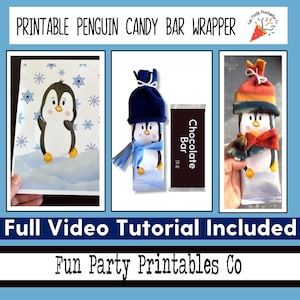 May include: Printable penguin candy bar wrapper. The image shows a penguin design on a candy bar wrapper. The wrapper is designed to look like a penguin wearing a hat and scarf. The text "Chocolate Bar" is visible on the wrapper.