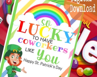 Utskrivbara presentetiketter till kollegor på St Patricks Day, uppskattningsetiketter för kontorspersonal, godisetiketter för lärare, direktnedladdning