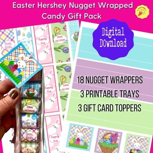Könnte beinhalten: Druckbare Oster-Hershey's-Nugget-Verpackungen, Tabletts und Geschenkkarten-Topper. Das Design zeigt ein Kaninchen, Ostereier und den Text "Hippily Hop" und "Spring Has Sprung".