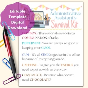 Administrative Assistant EDITABLE Survival Kit Printable sign and postcards, Staff Appreciation, Secretaries Day, Canva Template, Thank You