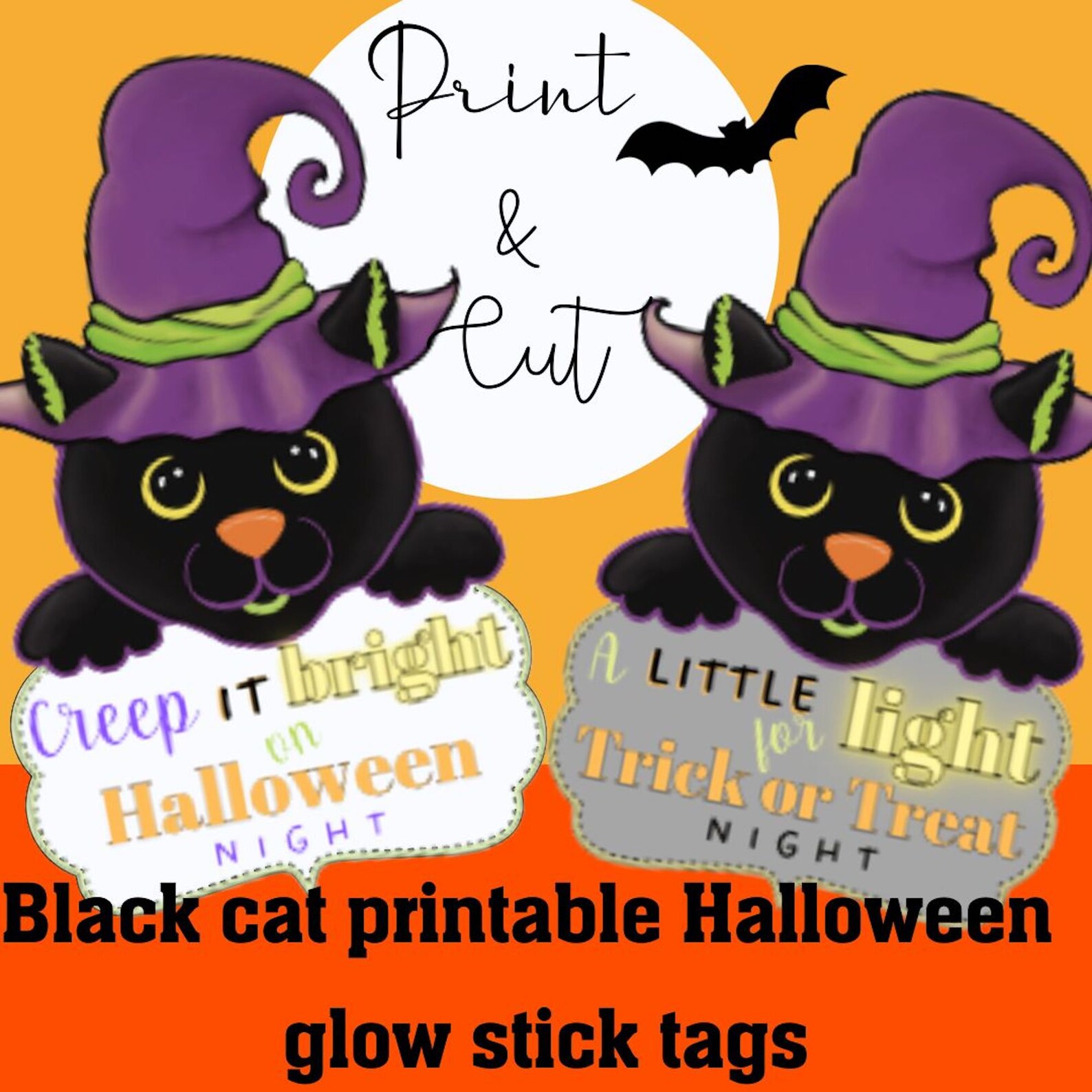 Black Cat Halloween Glow Stick Printable, Halloween Party Favor, Trick ...