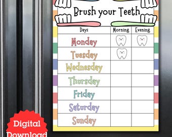 Tabella per la pulizia dei denti dei bambini: monitoraggio giornaliero, adesivi premio (download digitale)