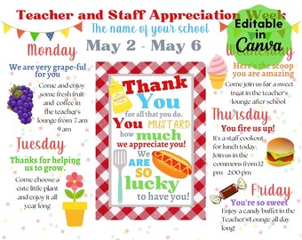 Picnic Themed Teacher Appreciation Week Itinerary Poster Printable, Teacher and Staff Appreciation, appreciation week schedule, print poster