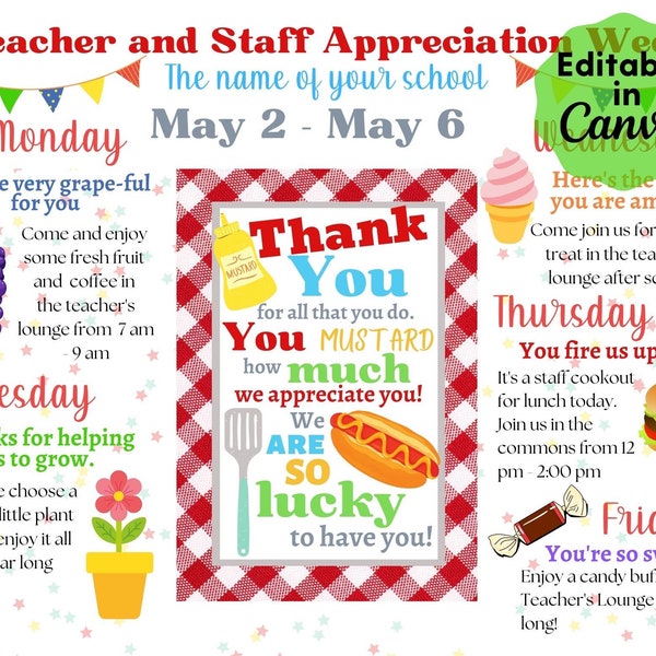 Picnic Themed Teacher Appreciation Week Itinerary Poster Printable, Teacher and Staff Appreciation, appreciation week schedule, print poster