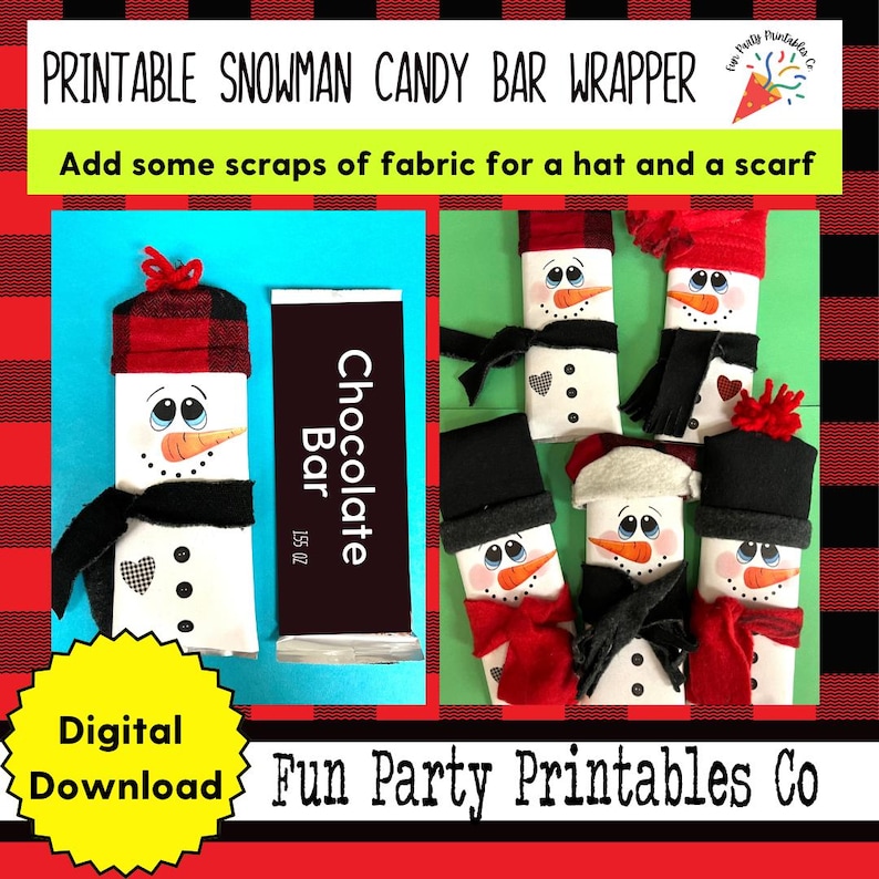 Op de afbeelding: Printbare snoepreepverpakking met een sneeuwpopontwerp. De verpakking is wit met zwarte contouren en een rode muts. De tekst "Chocolate Bar" is op de verpakking gedrukt. De afbeelding bevat de tekst "Printable Snowman Candy Bar Wrapper" en "Add some scraps of fabric for a hat and a scarf".
