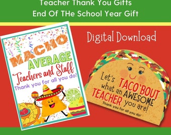 Op de afbeelding: Twee printbare kaarten met een taco-thema. De eerste kaart zegt "Niet gemiddelde leraren en personeel" met een cartoon-taco die een sombrero draagt. De tweede kaart zegt "Laten we het hebben over wat een geweldige leraar je bent!" met een cartoon-taco.