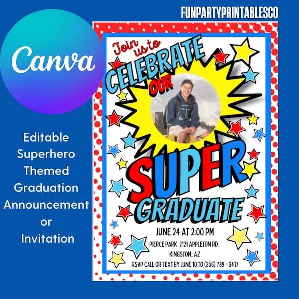 Superhero Graduation Invitation Template, Graduation Announcement Template, Graduation Invitation, Canva Template, Graduation Announcement