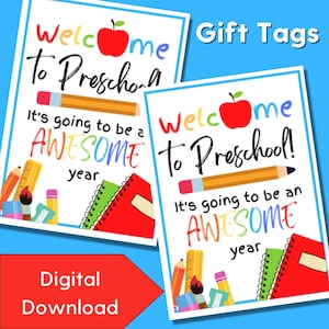 Bienvenido a etiquetas imprimibles de preescolar, arcoíris de regreso a clases, nuevo año escolar, primer día de preescolar, 1er día de clases, etiquetas de regalo imprimibles