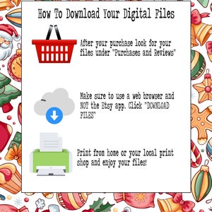 Op de afbeelding: Een rood winkelwagenpictogram, een wolk met een pijl naar beneden en een groen printerpictogram met een wit vel papier. De tekst luidt: "Hoe u uw digitale bestanden downloadt", "Zoek na uw aankoop naar uw bestanden onder "Aankopen en beoordelingen"", "Zorg ervoor dat u een webbrowser gebruikt en NIET de Etsy-app. Klik op "BESTANDEN DOWNLOADEN"", en "Print thuis of bij uw lokale printshop en geniet van uw bestanden!"