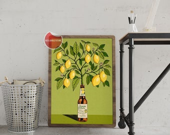 Lemon Tree and Damm Lemon Poster - Spanish Beer Wall Art - Decor Illustrated Print, Bold Funky Vibrant Quirky, Art Decor Poster, Poster