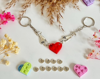 Personalized Hand in Hand Heart Keychain with letter charm, LOVER Keychain, colorful heart building blocks, Custom Gift for couple, friend