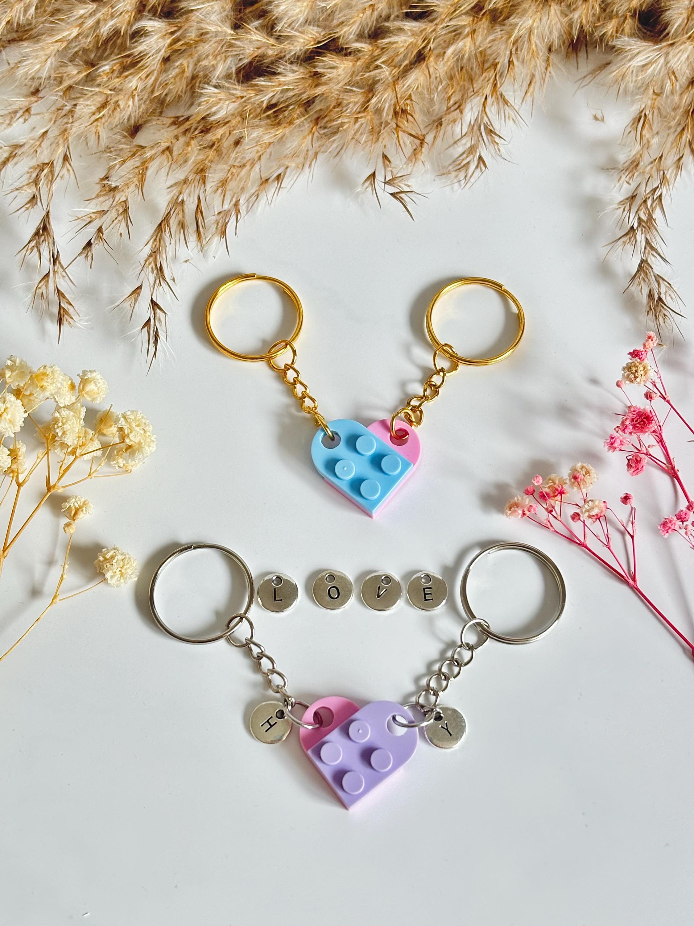 Personalized Heart LOVE Keychain in silver/gold with letter charm, Heart building blocks, Gift for couple, friend, tricolore flag keychain