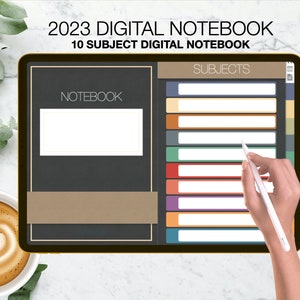 Puede incluir: Una aplicación de cuaderno digital en una tableta con una cubierta negra y la palabra "NOTEBOOK" en texto blanco. La aplicación tiene una sección para 10 temas con pestañas de colores y espacios en blanco para escribir.