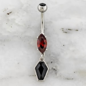Gothic Coffin Belly Ring – Red Marquise Gem Navel Barbell