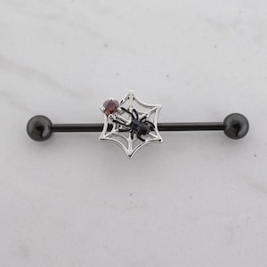 14G Industrial Barbell | Spider Web & Dangling Charm | 316L Steel Adjustable Piercing Jewelry