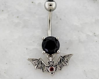 Gothic Black Opal Bat Belly Ring | 14G Steel Navel Barbell