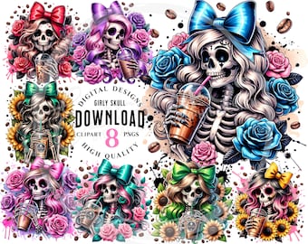 Floral Girly Skulls Iced Coffee Clipart: 8 PNG Digital Designs (Digital Download)