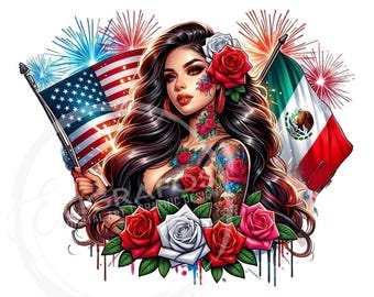 Puede incluir: Ilustración digital de una mujer con cabello largo y oscuro, tatuajes y rosas rojas, sosteniendo las banderas estadounidense y mexicana. Fuegos artificiales estallan en el fondo. La imagen tiene el texto "GRAPHIC DESIGN".