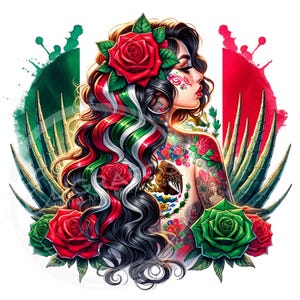 Pode incluir: Uma ilustração colorida de uma mulher com cabelo preto comprido, usando uma coroa de rosas vermelhas e uma tatuagem da bandeira mexicana nas costas. Ela está cercada por rosas verdes e vermelhas e plantas de cacto.