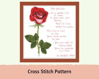 Rose Poem Cross Stitch Pattern: Fire and Ice Wall Art (Digital Download)