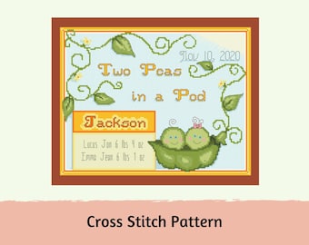 Zwei Erbsen in einer Schote Zwillings-Babymitteilung Kreuzstichmuster (PDF-Muster)