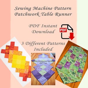 May include: A digital download PDF pattern for a patchwork table runner. The image shows three different table runner designs: one with orange and yellow squares, one with purple and green squares, and one with a green background and purple squares. The text "PDF Instant Download" and "3 Different Patterns Included" is visible in the image.