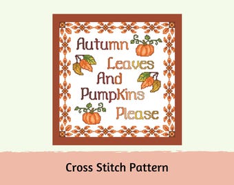 Kreuzstichmuster, Herbstlaub und Kürbisse mit Muster und Alphabet
