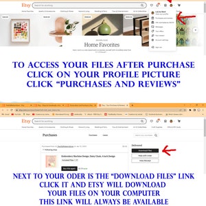 May include: Screenshot of an Etsy website showing how to download digital files after purchase. The image shows a profile picture, a purchases and reviews section, and a download files button.