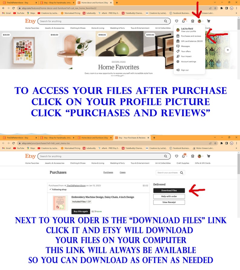 May include: Screenshot of an Etsy website showing how to download digital files after purchase. The image shows a profile picture, a purchases and reviews section, and a download files button.