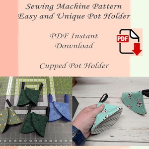 Peut inclure: Un patron de machine à coudre pour un manique en forme de coupe disponible en téléchargement PDF instantané. L'image montre plusieurs maniques en tissu finies dans divers motifs, notamment des abeilles, du vert, du bleu et des vaches, avec des boucles noires.