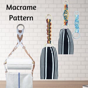 May include: Macrame pattern with three different designs. The first design is a white and black striped macrame hanging with a wooden dowel. The second design is a white and brown macrame hanging with a wooden dowel. The third design is a blue and white macrame hanging with a wooden dowel.