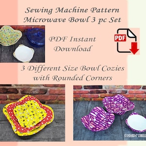 May include: A sewing pattern for three microwave bowl cozies in different sizes. The cozies are made with rounded corners and feature colorful fabric designs. The pattern is available as an instant PDF download.