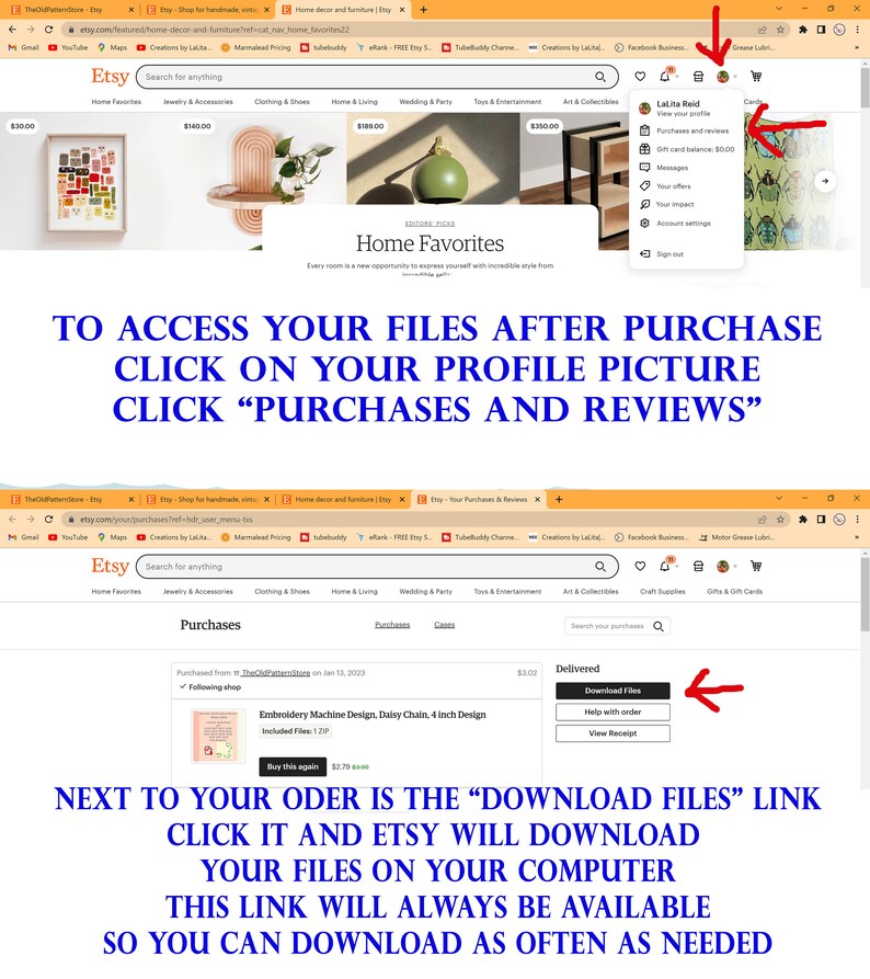 May include: A screenshot of an Etsy website showing how to download digital files after purchase. The text on the screen reads "To access your files after purchase click on your profile picture click "Purchases and Reviews"". Next to the order is the "Download Files" link. Click it and Etsy will download your files on your computer. This link will always be available so you can download as often as needed.