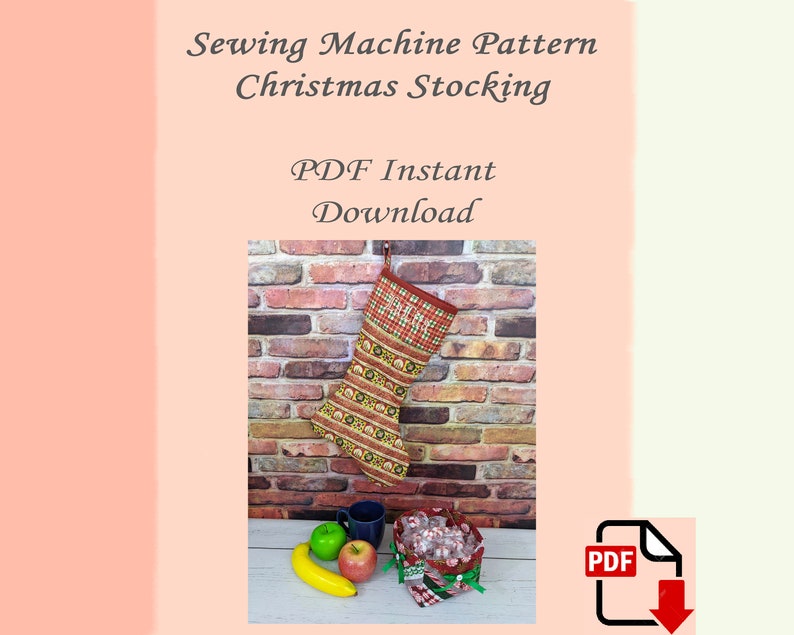 May include: A PDF pattern for sewing a Christmas stocking. The stocking is red and green with a white trim and the words "Merry Christmas" embroidered on it. The pattern is available for instant download.