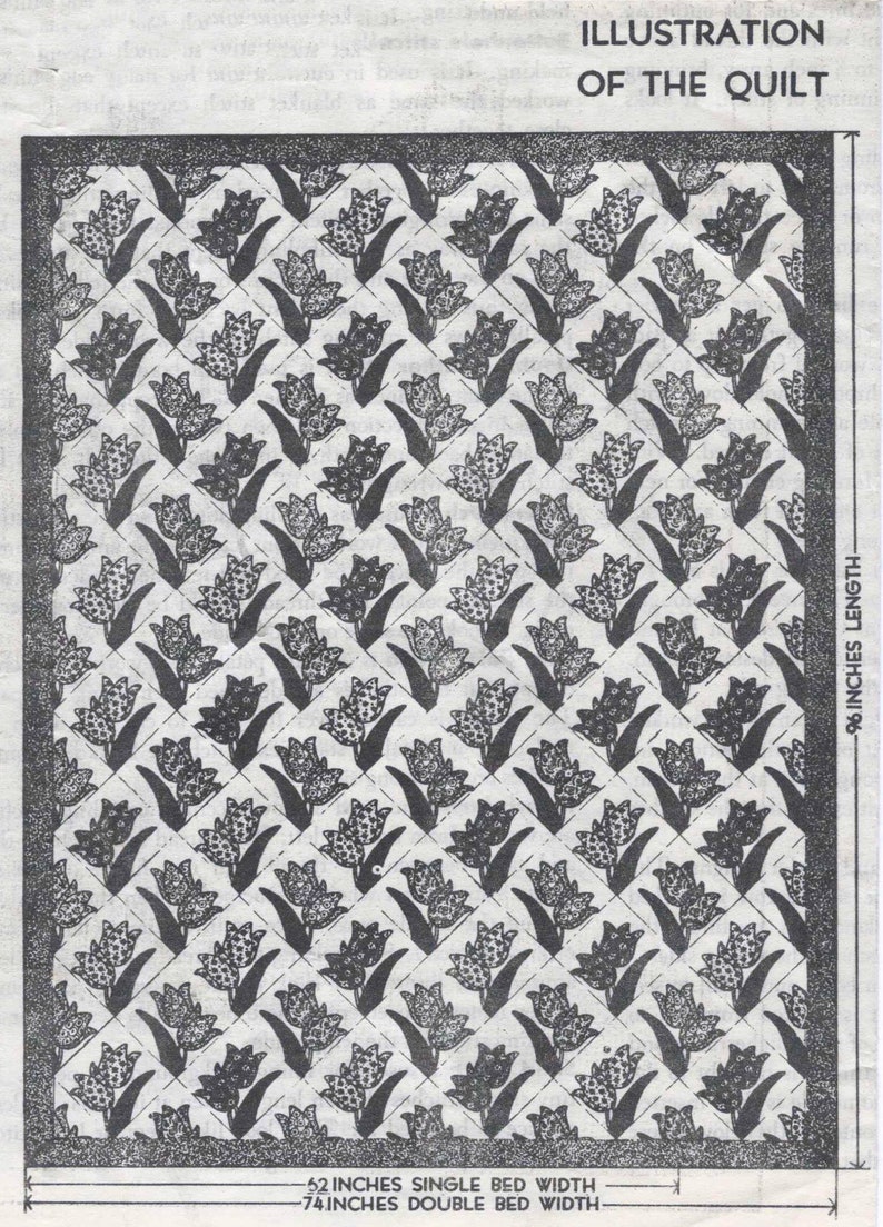May include: Black and white illustration of a quilt pattern with a tulip design. The quilt is 52 inches wide for a single bed and 74 inches wide for a double bed. The quilt is 96 inches long.