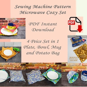 Può includere: Un modello di cucito per un set di copertine per microonde. Il modello include istruzioni per realizzare un piatto, una ciotola, una tazza e una borsa per patate. L'immagine mostra una varietà di design accoglienti in diversi tessuti. Download istantaneo PDF. Set di 4 pezzi in 1. Piatto, ciotola, tazza e borsa per patate.