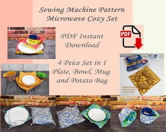 Sewing Machine Pattern, Microwave Plate Bowl Mug Cozy Set and Potato Bag, PDF Instant Download Pattern