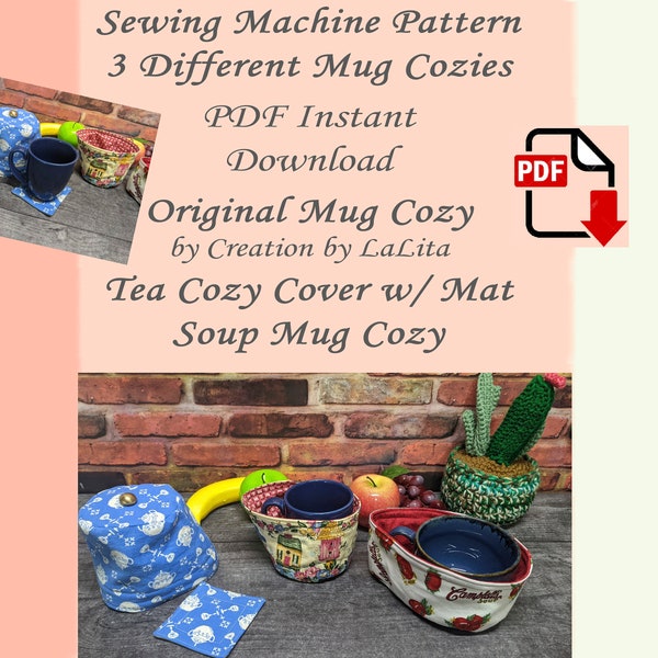 Mug Cozy Patterns, 3 Styles, Original Mug Cozy, Tea Cover with Mat, and Soup Mug Cozy