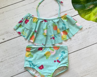Ruffle Halter 2-Piece Swim Set in Mint Citrus - Girls Swimsuit