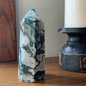 Large Green Moss Agate Towers with Druzy