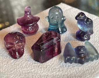 Mini Rainbow Fluorite Halloween Carvings // Raven, Jack-o-Lantern, Skull, Coffin, Ghost, Bat