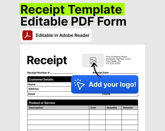 Receipt Template PDF. Custom Logo Editable Business Forms. Printable PDF Template. Contractor Template Form PDF. Receipt with Logo